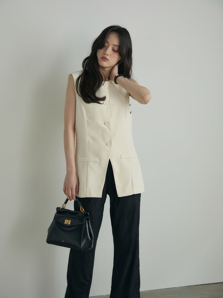 【SET】クルーネックミディベスト+【Essential】Lace soft flare pants(2set)