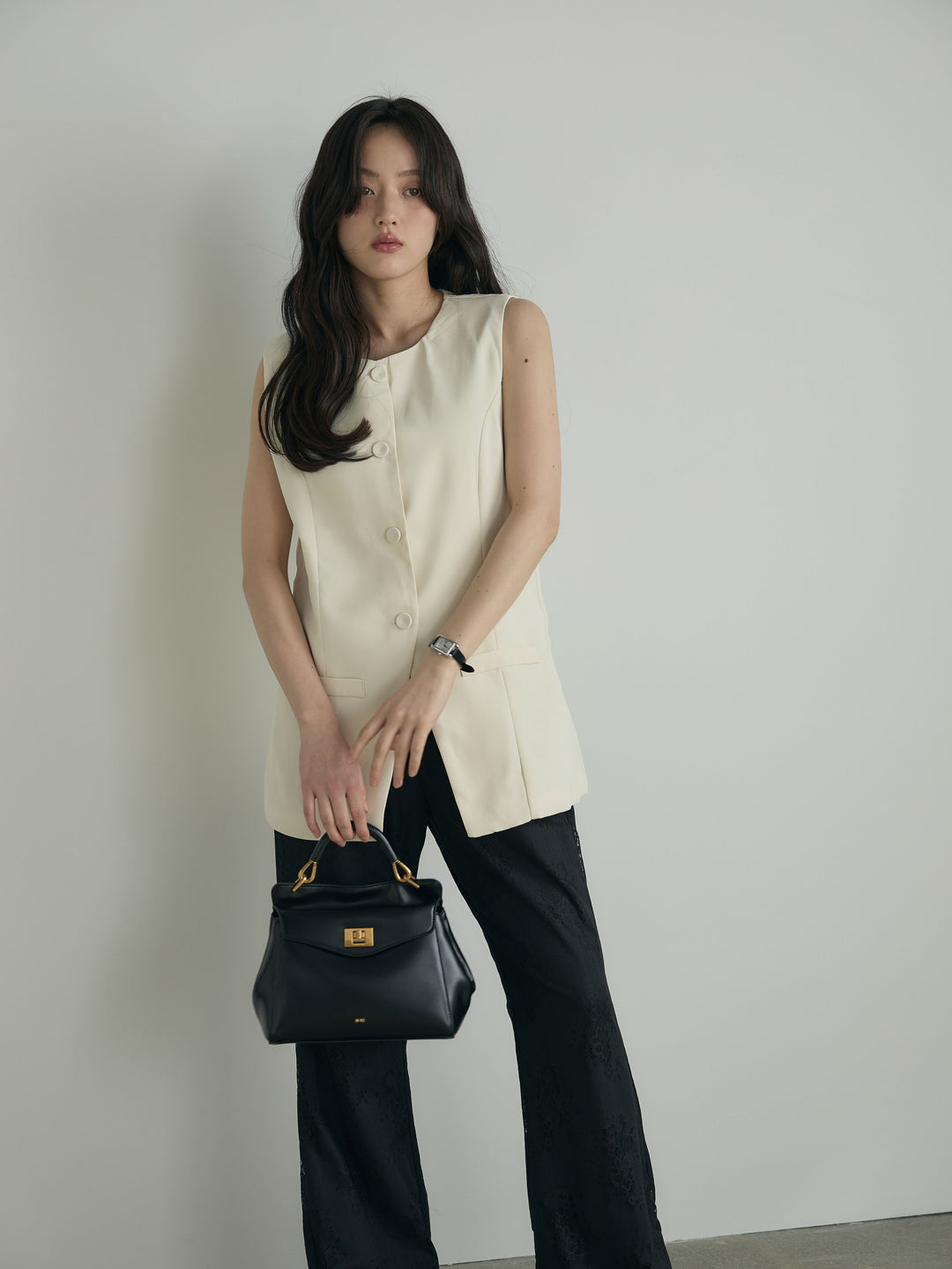 【SET】クルーネックミディベスト+【Essential】Lace soft flare pants(2set)
