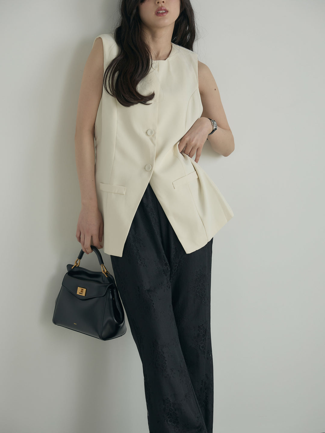 【SET】クルーネックミディベスト+【Essential】Lace soft flare pants(2set)