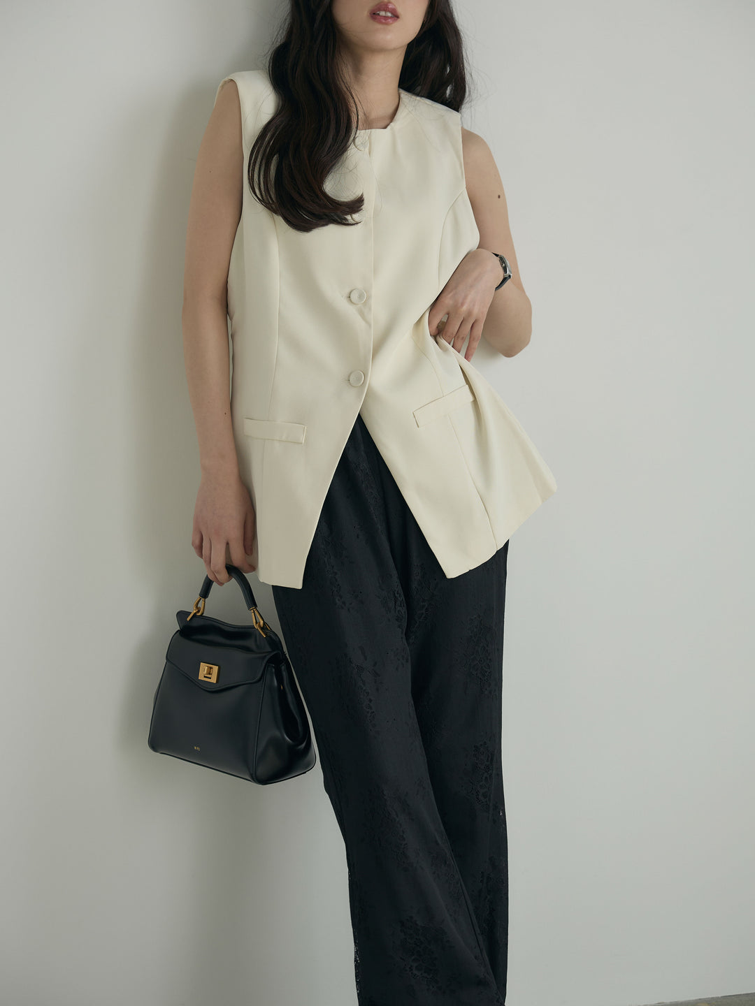 【SET】クルーネックミディベスト+【Essential】Lace soft flare pants(2set)