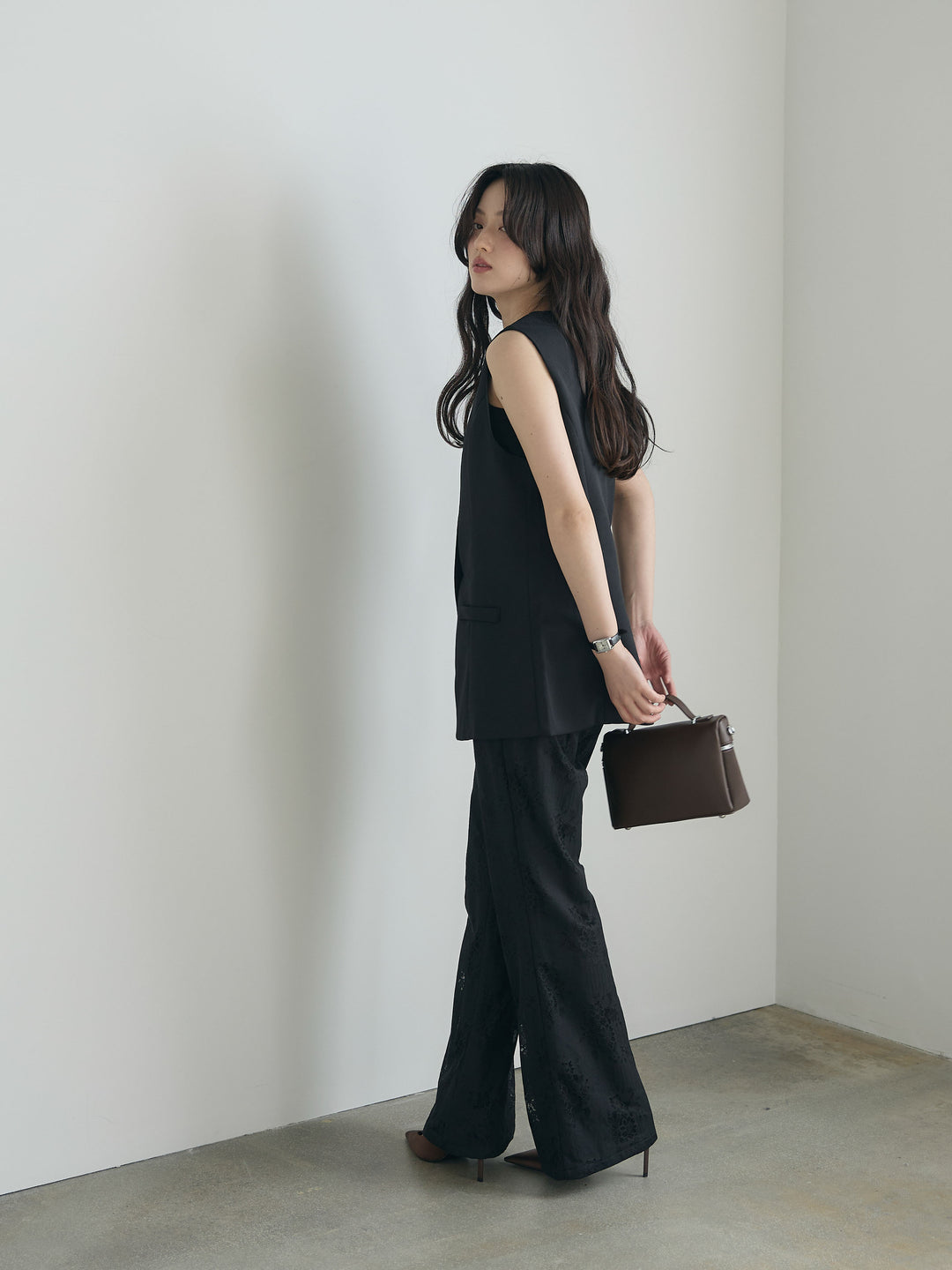 【SET】クルーネックミディベスト+【Essential】Lace soft flare pants(2set)