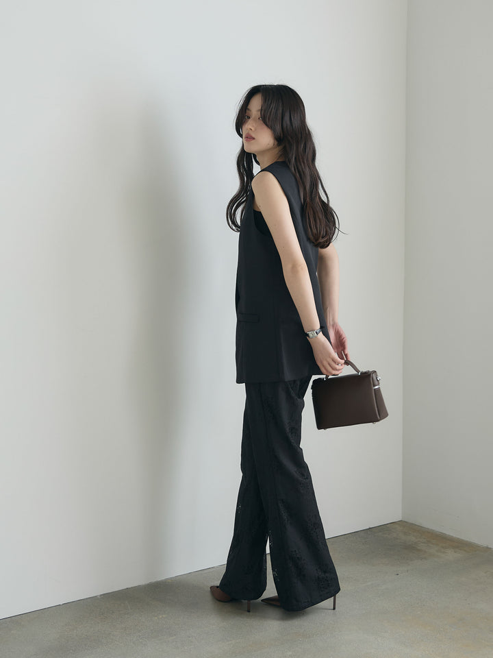 【SET】クルーネックミディベスト+【Essential】Lace soft flare pants(2set)