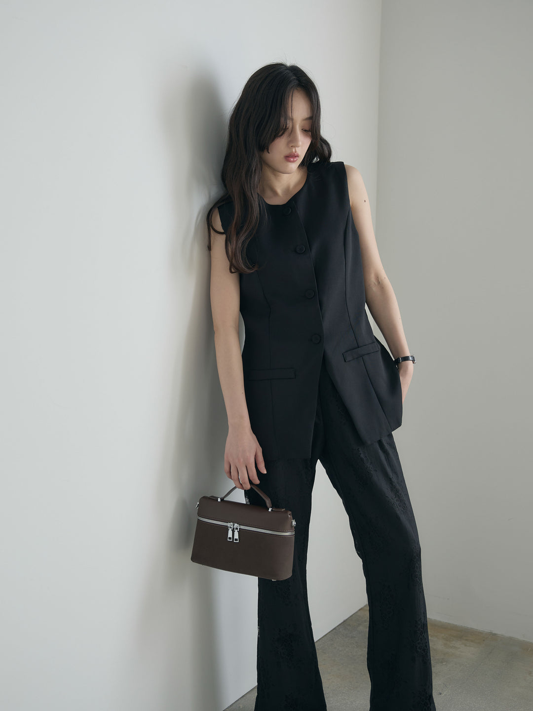 【SET】クルーネックミディベスト+【Essential】Lace soft flare pants(2set)