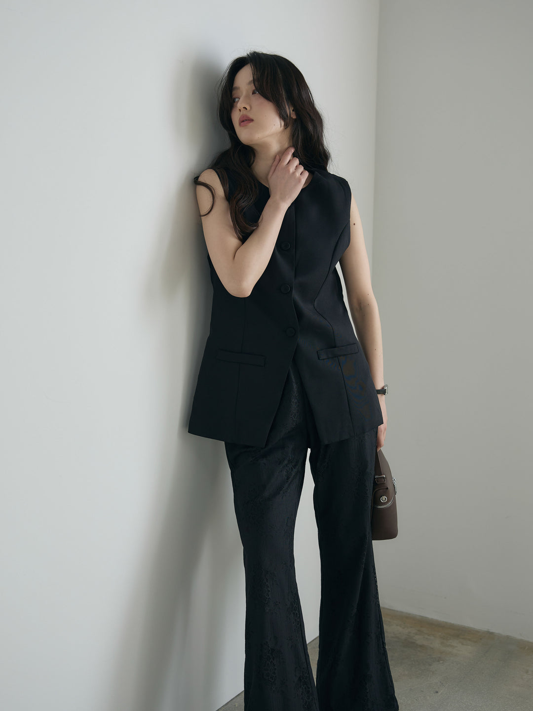 【SET】クルーネックミディベスト+【Essential】Lace soft flare pants(2set)