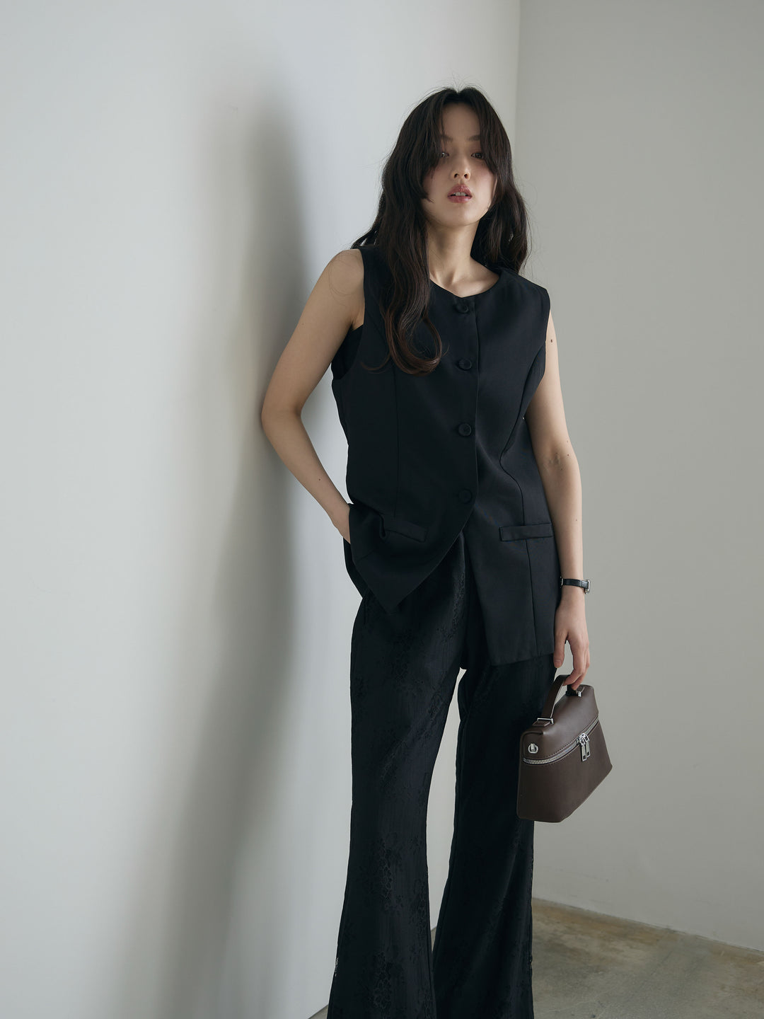 【SET】クルーネックミディベスト+【Essential】Lace soft flare pants(2set)
