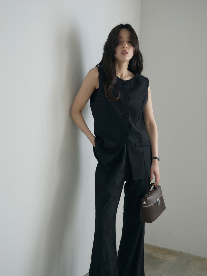 【SET】クルーネックミディベスト+【Essential】Lace soft flare pants(2set)