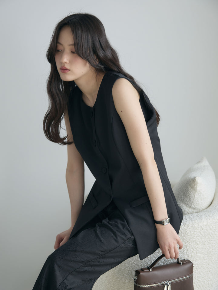 【SET】クルーネックミディベスト+【Essential】Lace soft flare pants(2set)
