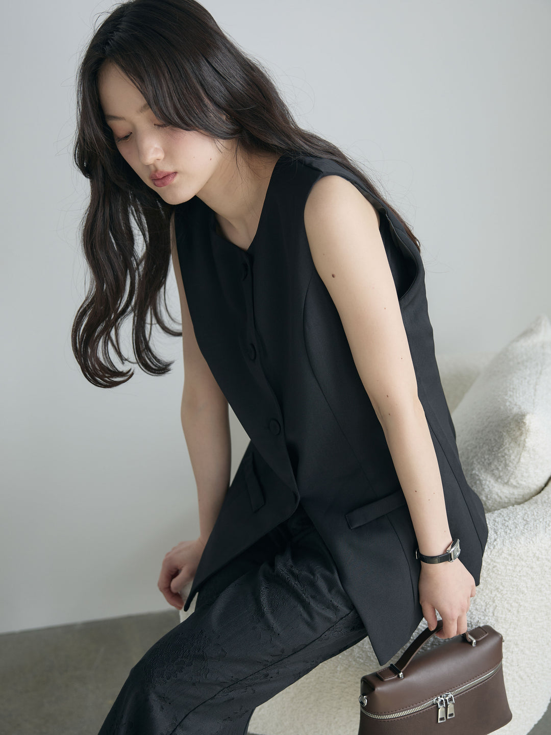 【SET】クルーネックミディベスト+【Essential】Lace soft flare pants(2set)