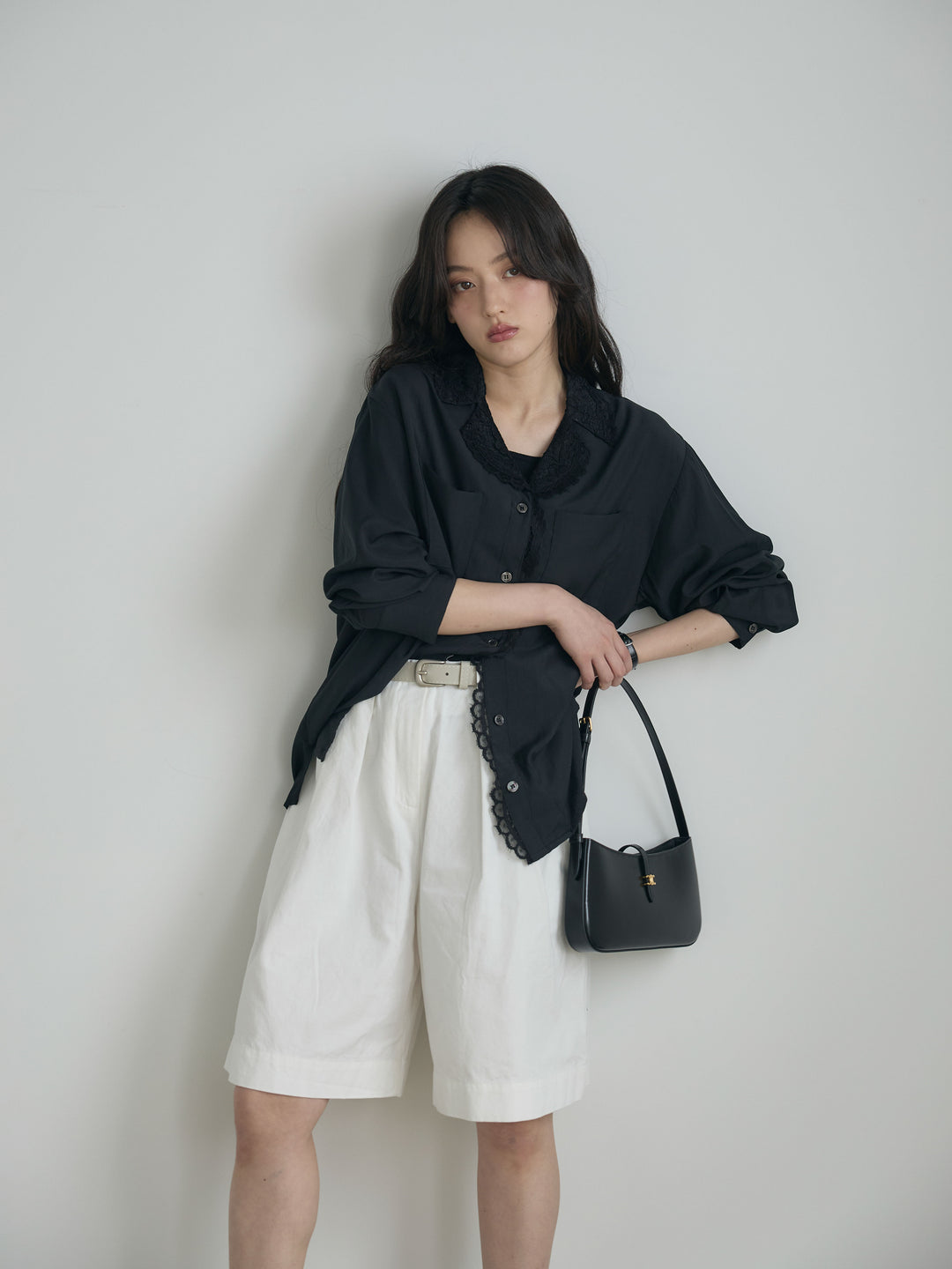 レース襟ダブルポケットソフトシャツ