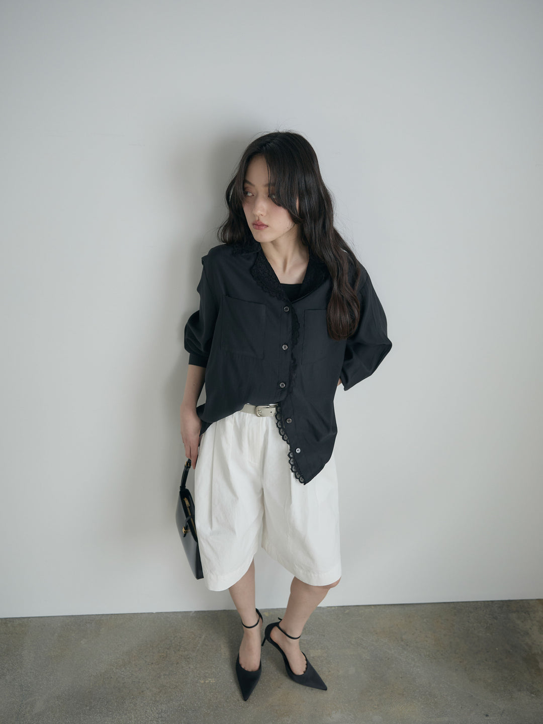 レース襟ダブルポケットソフトシャツ
