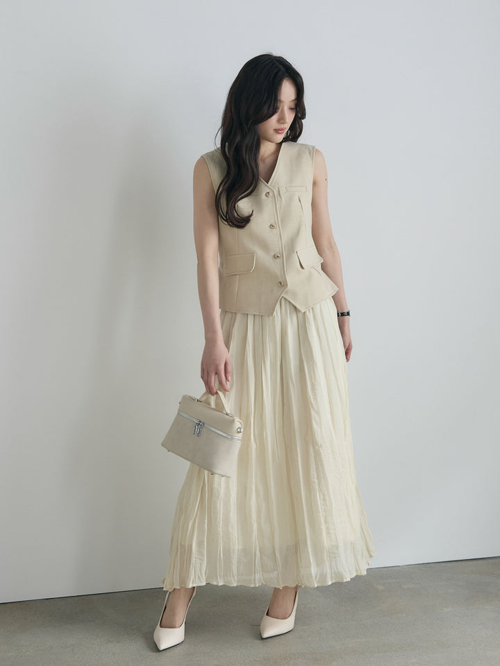 テーラードノースリーブベスト&ワッシャープリーツスカートSET UP