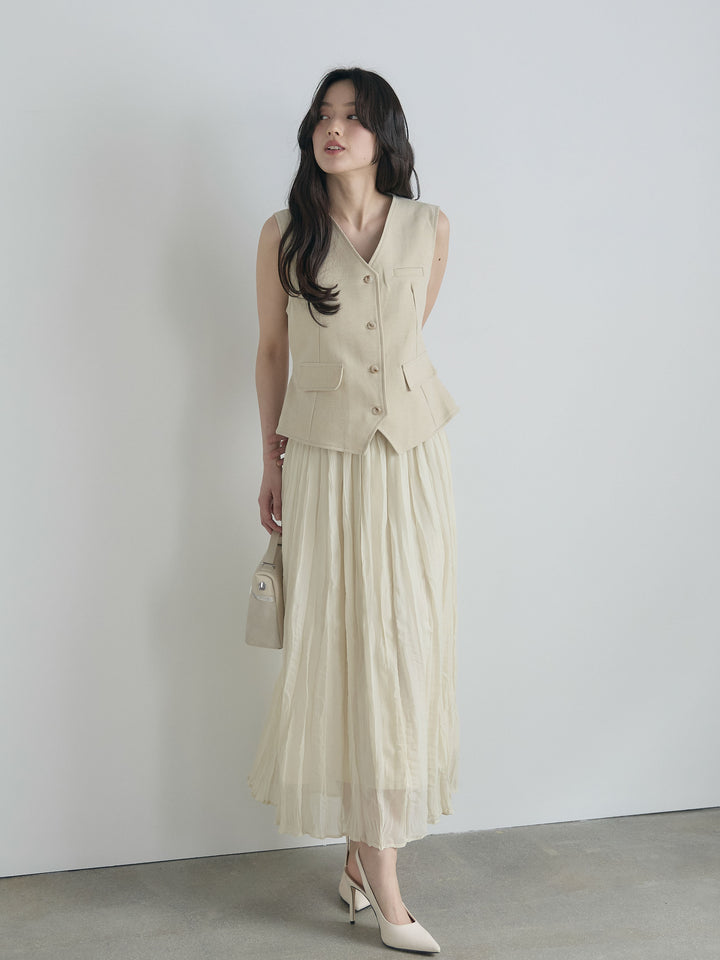 テーラードノースリーブベスト&ワッシャープリーツスカートSET UP