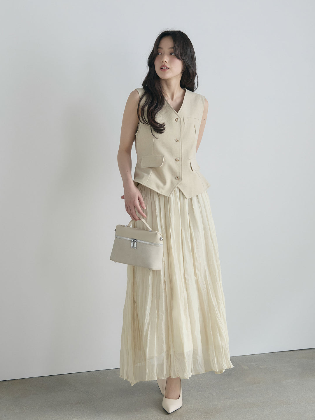 テーラードノースリーブベスト&ワッシャープリーツスカートSET UP
