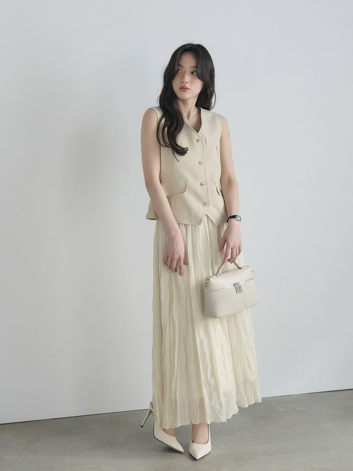 テーラードノースリーブベスト&ワッシャープリーツスカートSET UP