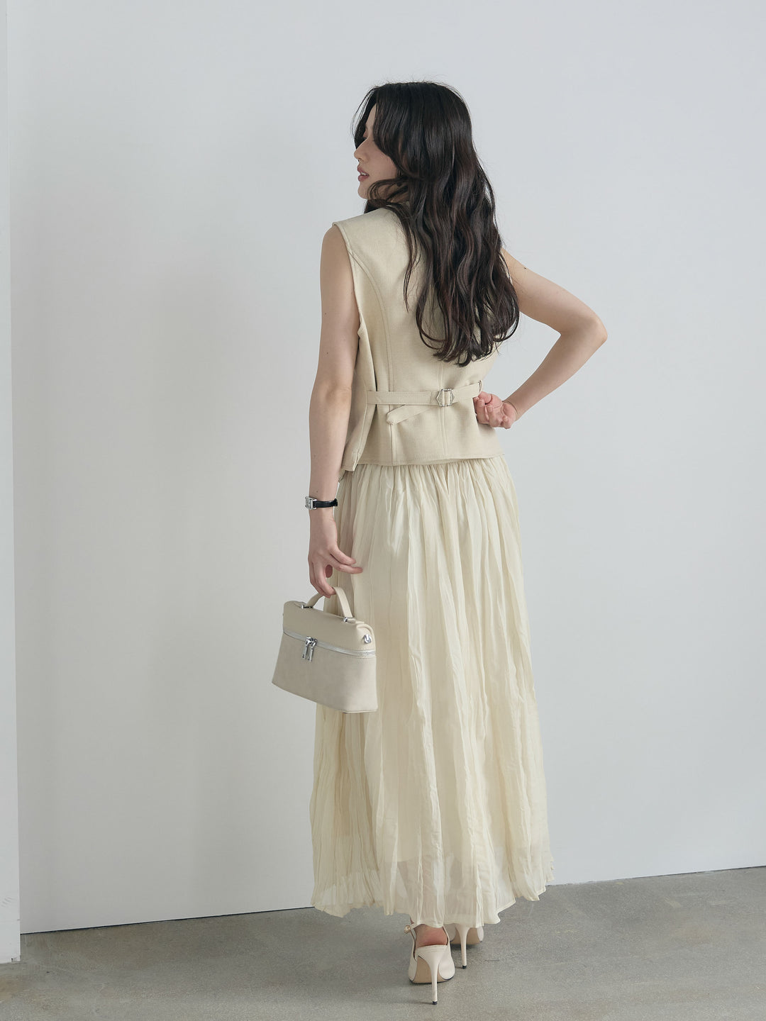 テーラードノースリーブベスト&ワッシャープリーツスカートSET UP