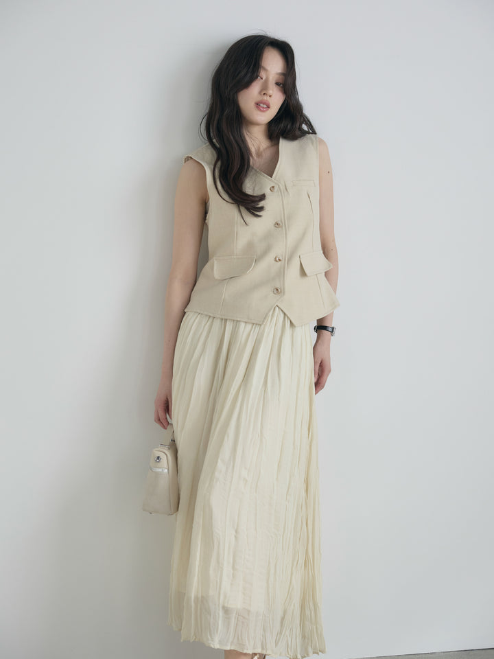 テーラードノースリーブベスト&ワッシャープリーツスカートSET UP