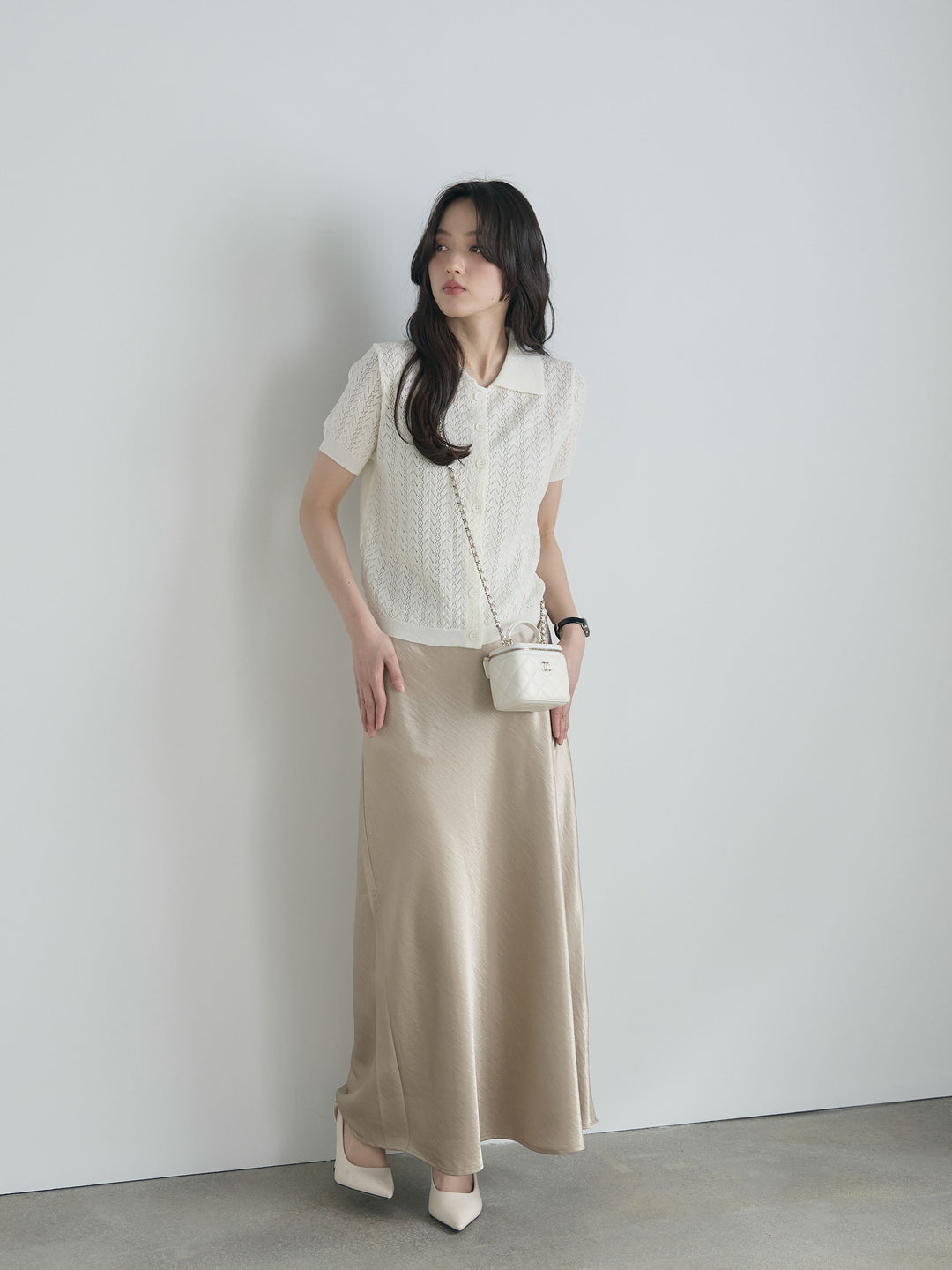 【SET】クロシェPOLOコンパクトカーディガン+リュクスAラインサテンスカート(2set)