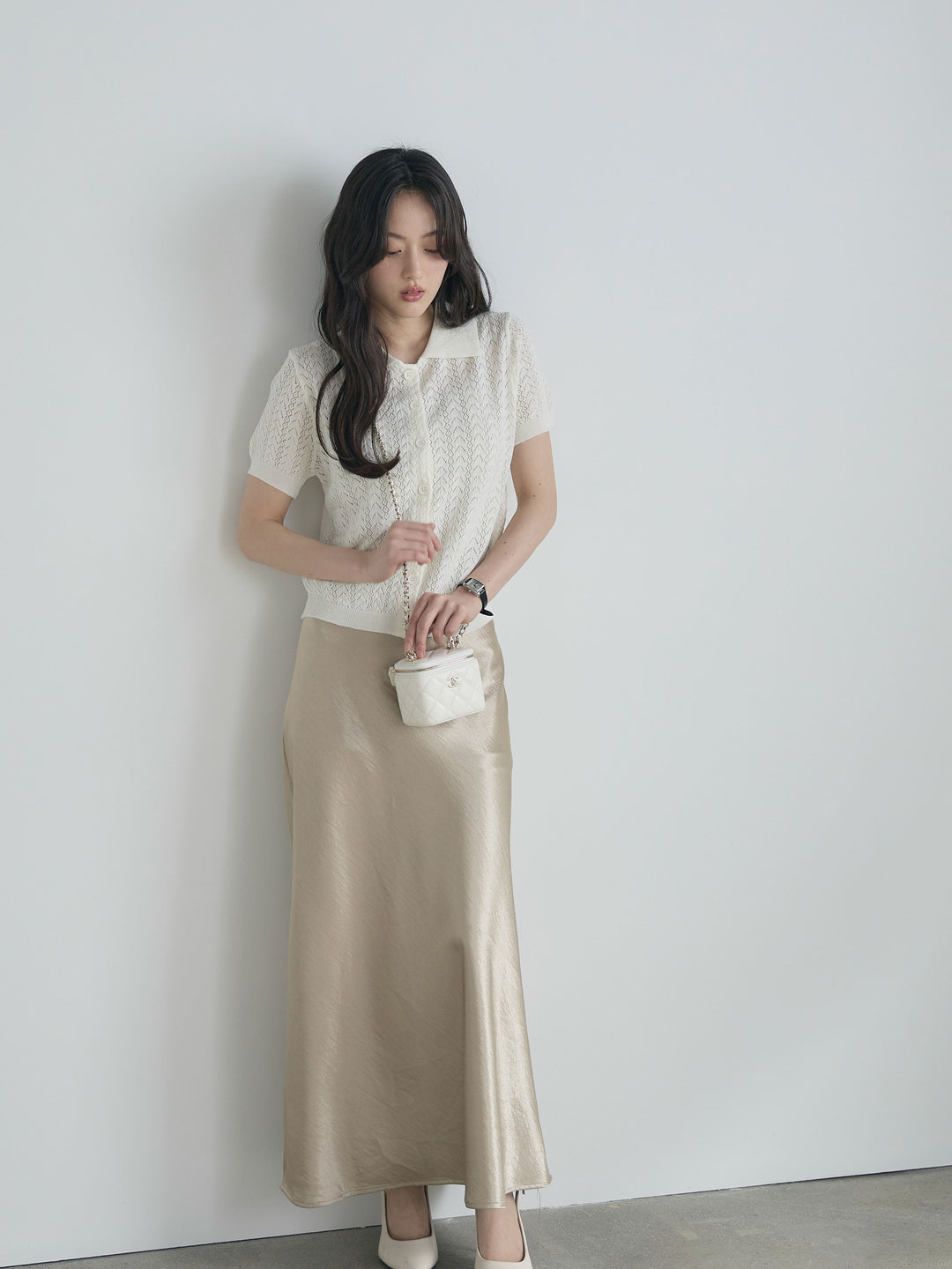 【SET】クロシェPOLOコンパクトカーディガン+リュクスAラインサテンスカート(2set)