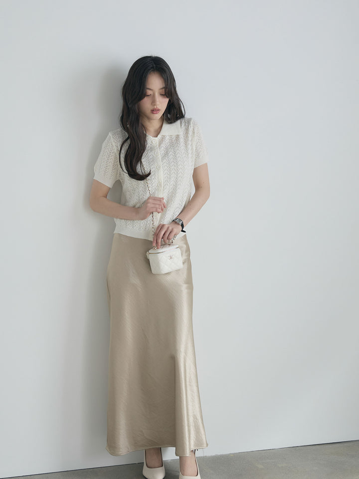 【SET】クロシェPOLOコンパクトカーディガン+リュクスAラインサテンスカート(2set)