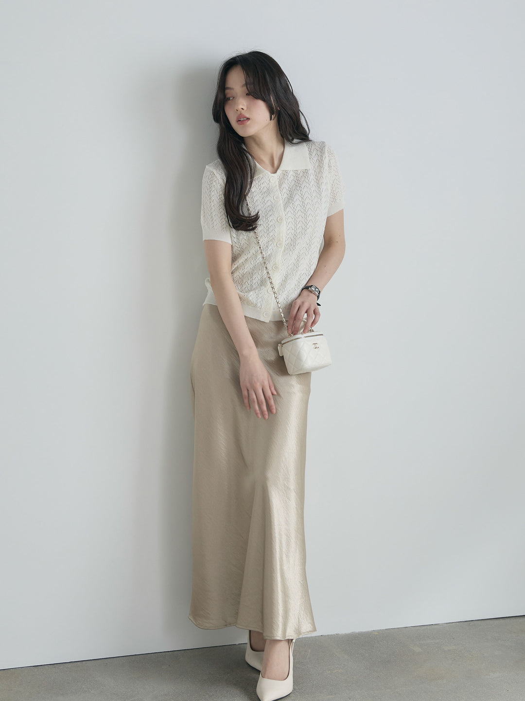 【SET】クロシェPOLOコンパクトカーディガン+リュクスAラインサテンスカート(2set)