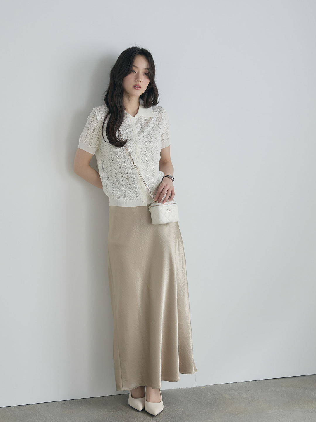 【SET】クロシェPOLOコンパクトカーディガン+リュクスAラインサテンスカート(2set)