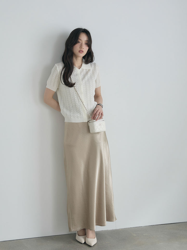 【SET】クロシェPOLOコンパクトカーディガン+リュクスAラインサテンスカート(2set)