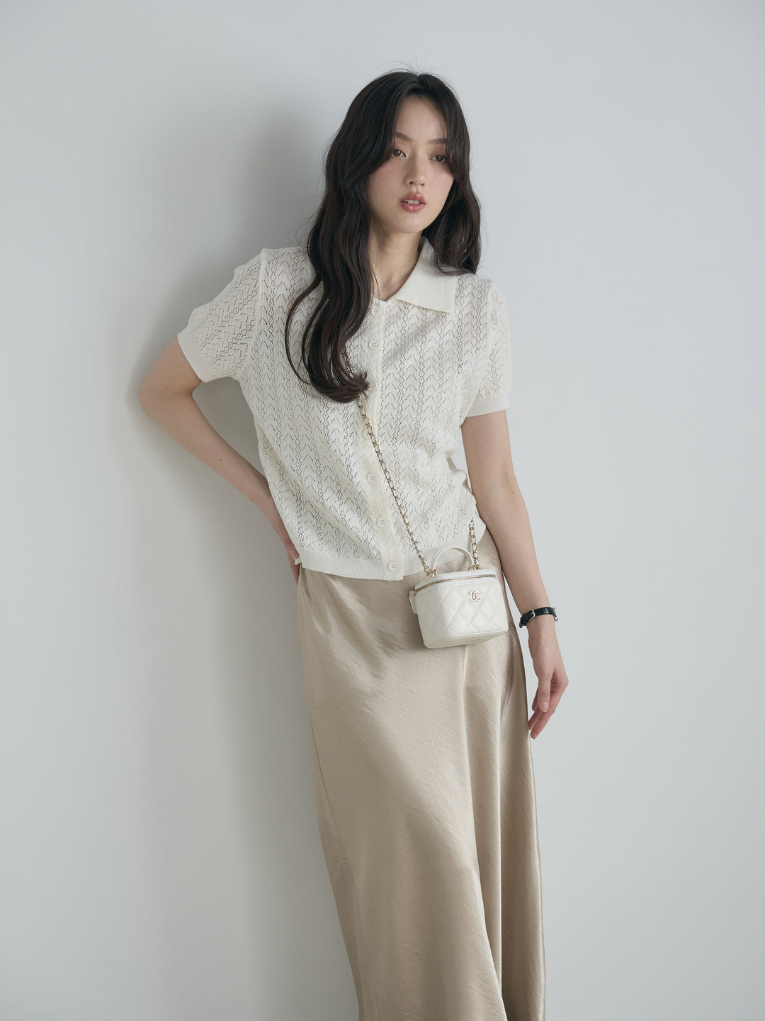 【SET】クロシェPOLOコンパクトカーディガン+リュクスAラインサテンスカート(2set)