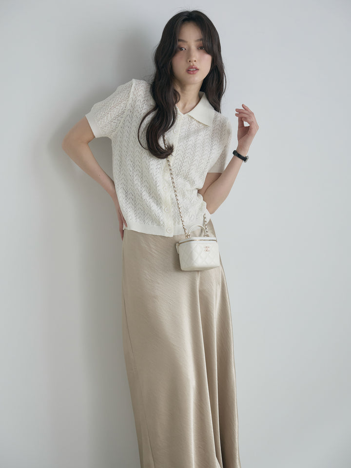 【SET】クロシェPOLOコンパクトカーディガン+リュクスAラインサテンスカート(2set)