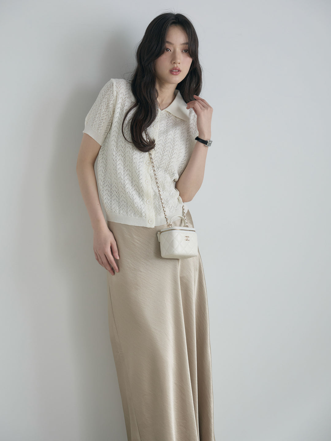 【SET】クロシェPOLOコンパクトカーディガン+リュクスAラインサテンスカート(2set)