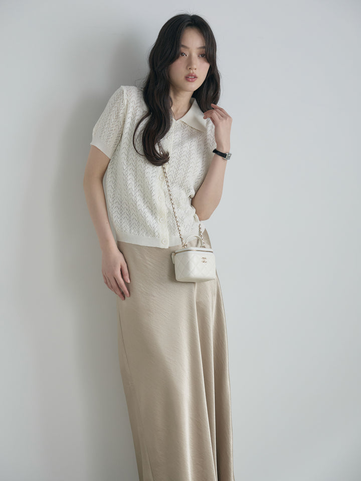 【SET】クロシェPOLOコンパクトカーディガン+リュクスAラインサテンスカート(2set)