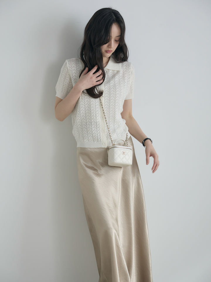 【SET】クロシェPOLOコンパクトカーディガン+リュクスAラインサテンスカート(2set)