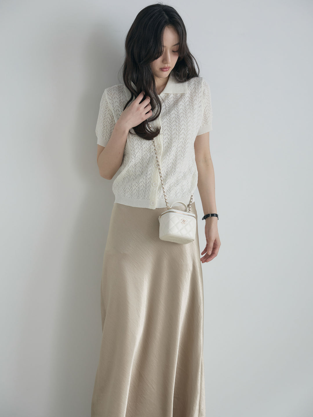 【SET】クロシェPOLOコンパクトカーディガン+リュクスAラインサテンスカート(2set)