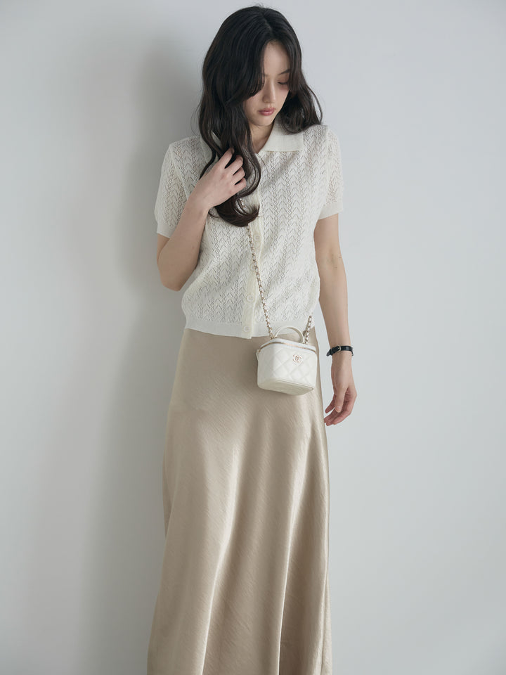 【SET】クロシェPOLOコンパクトカーディガン+リュクスAラインサテンスカート(2set)