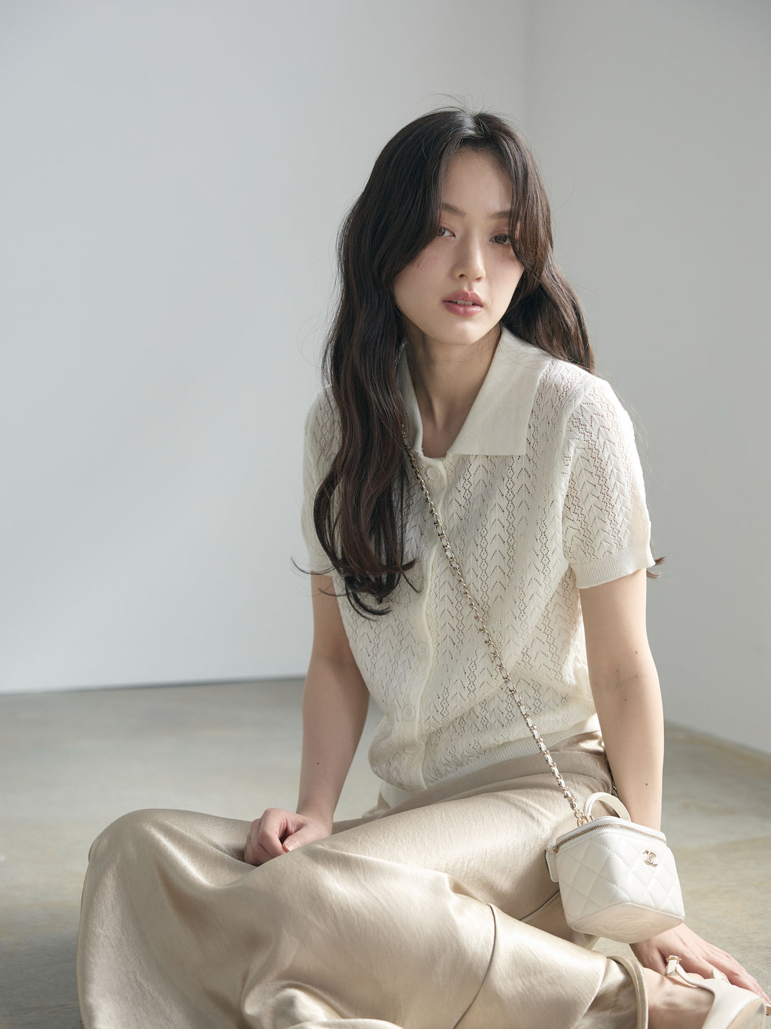 【SET】クロシェPOLOコンパクトカーディガン+リュクスAラインサテンスカート(2set)