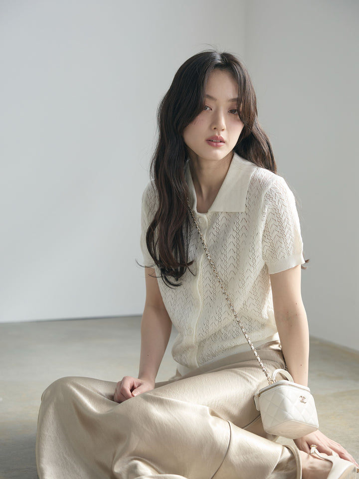 【SET】クロシェPOLOコンパクトカーディガン+リュクスAラインサテンスカート(2set)