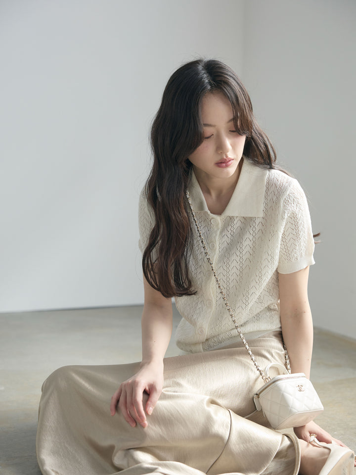 【SET】クロシェPOLOコンパクトカーディガン+リュクスAラインサテンスカート(2set)