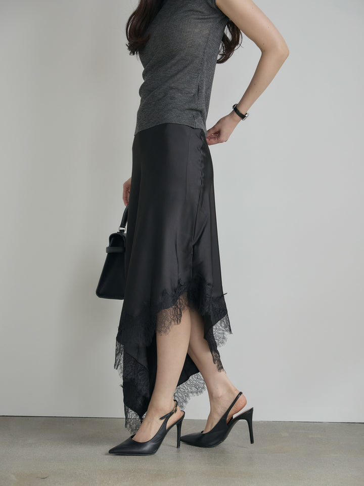 アシンメトリーレーストリムサテンスカート