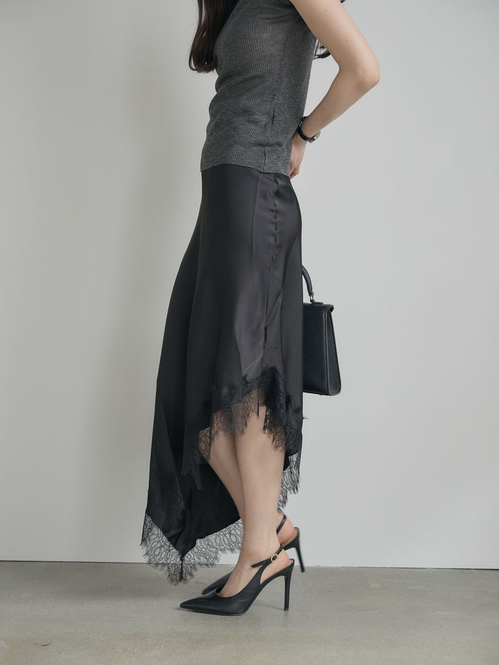 アシンメトリーレーストリムサテンスカート