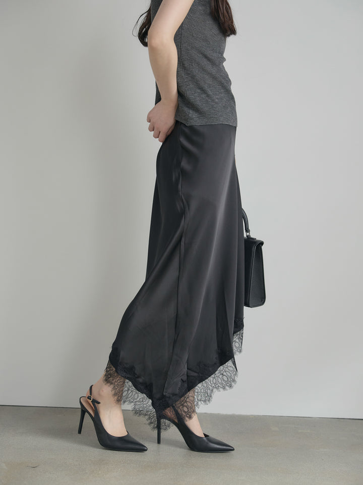 アシンメトリーレーストリムサテンスカート