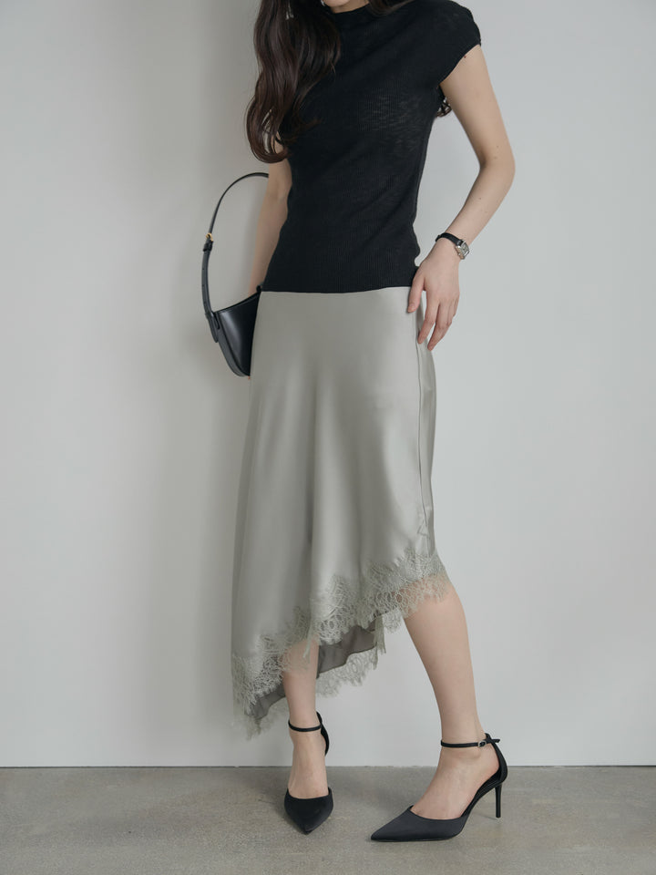 アシンメトリーレーストリムサテンスカート