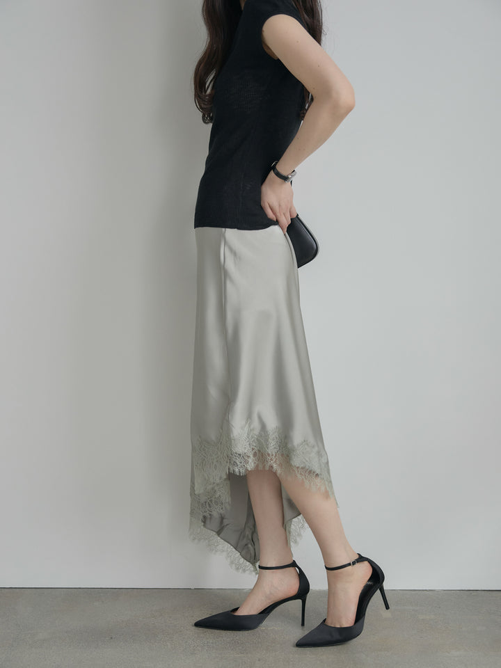 アシンメトリーレーストリムサテンスカート