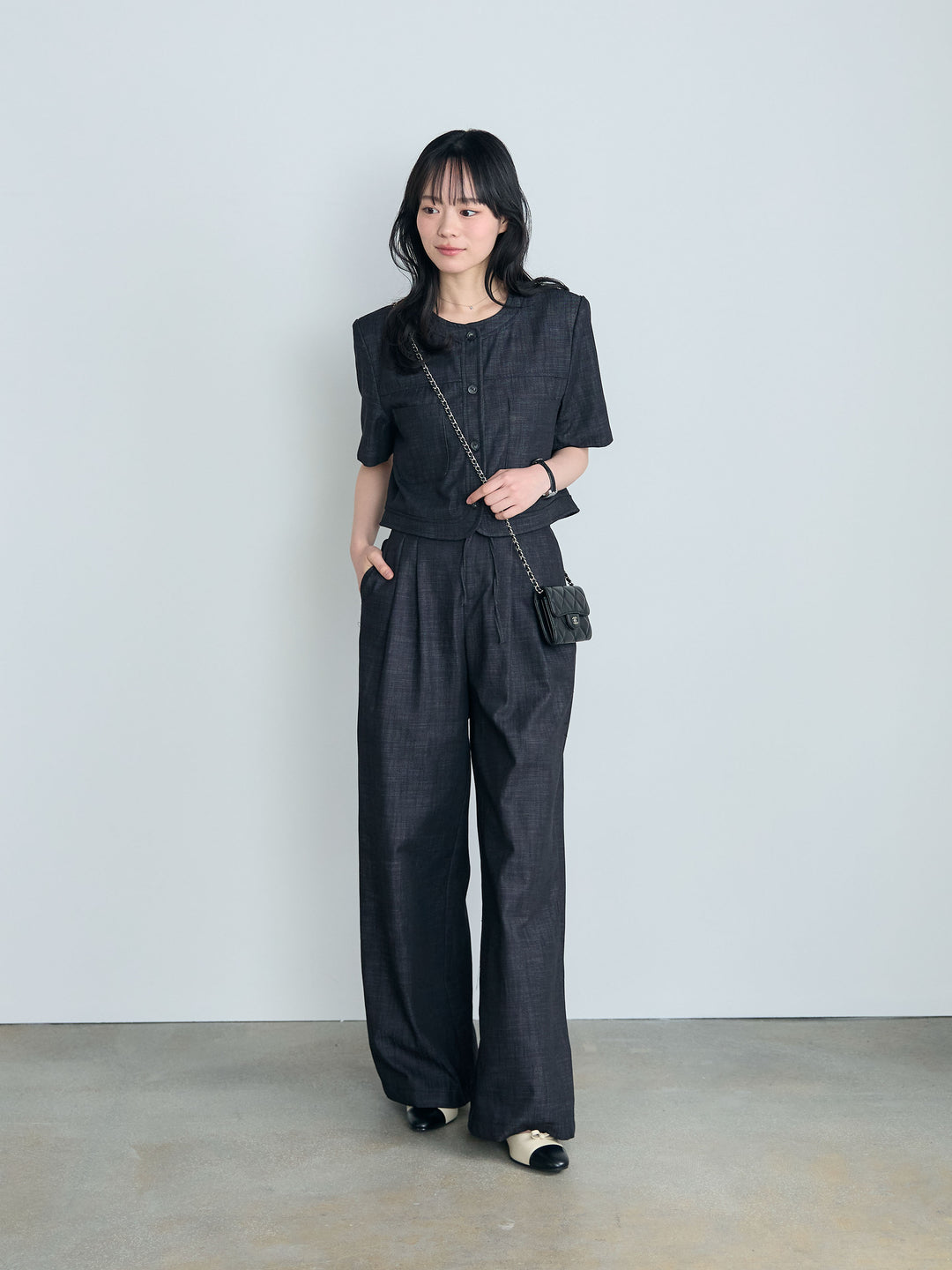 【SET】ダブルポケットショートジャケット+タックストレートパンツ(2set)