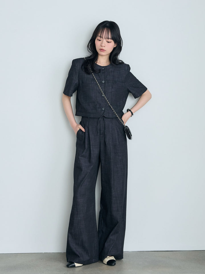 【SET】ダブルポケットショートジャケット+タックストレートパンツ(2set)