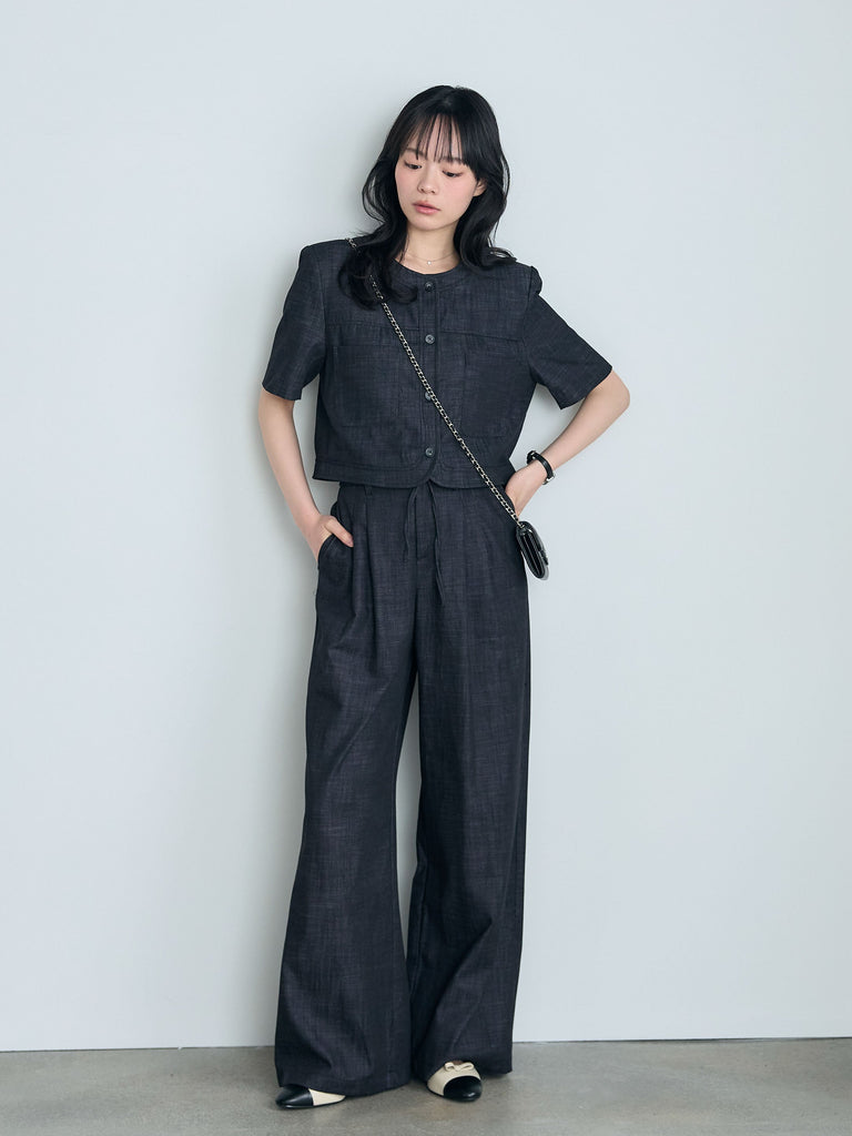 SET】ダブルポケットショートジャケット+タックストレートパンツ(2set