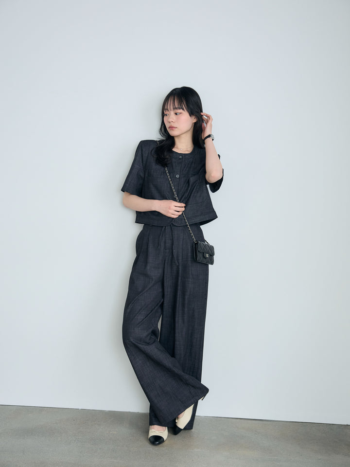 【SET】ダブルポケットショートジャケット+タックストレートパンツ(2set)