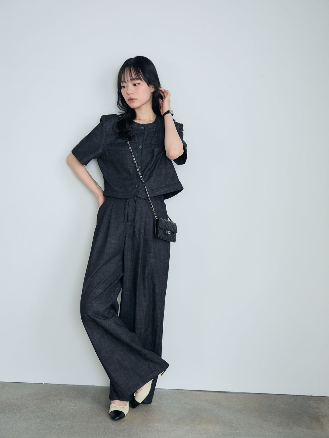 【SET】ダブルポケットショートジャケット+タックストレートパンツ(2set)
