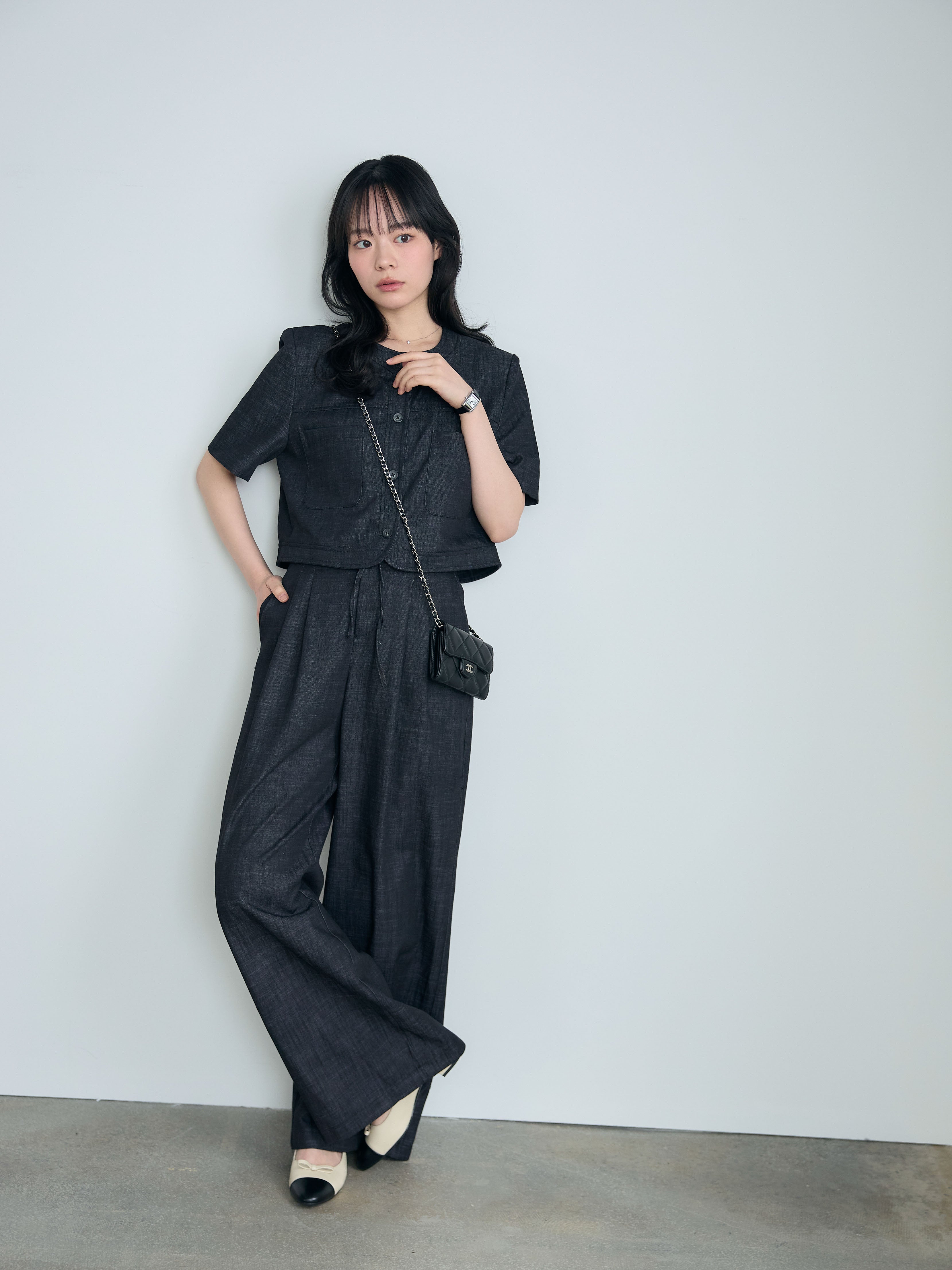 SET】ダブルポケットショートジャケット+タックストレートパンツ(2set