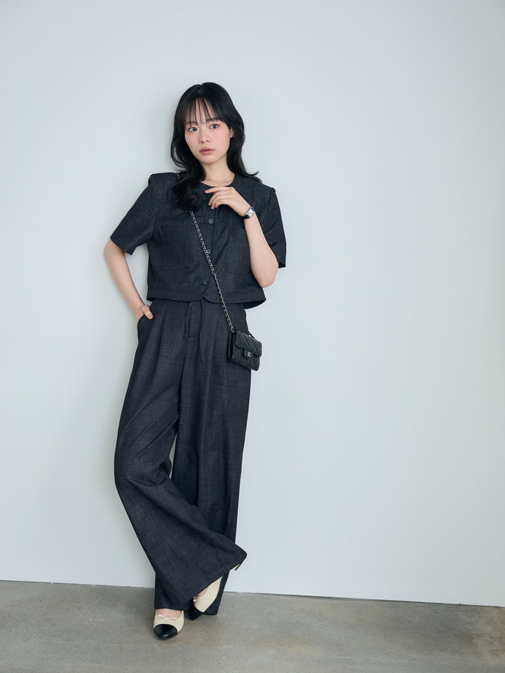 【SET】ダブルポケットショートジャケット+タックストレートパンツ(2set)