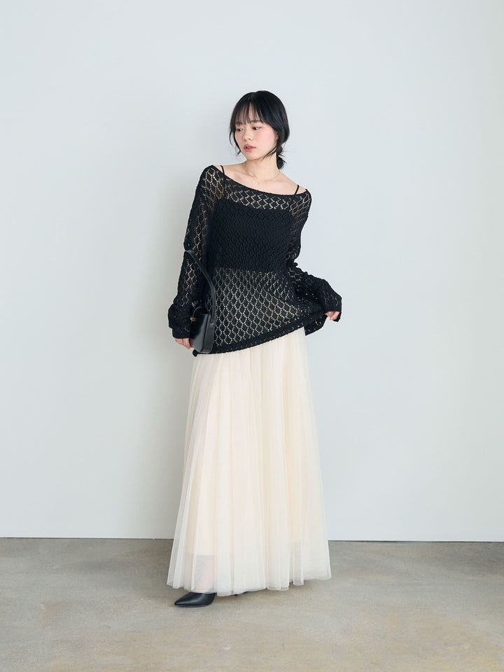 【SET】デザイン編みルーズトップス+ボリュームチュールスカート(2set)