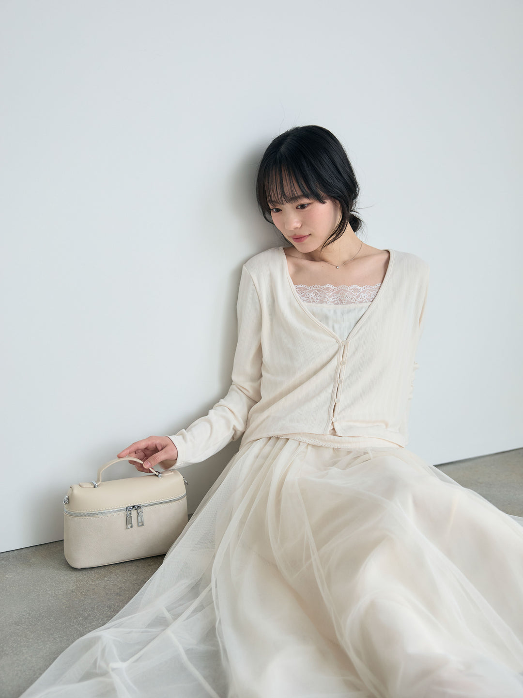 【SET】アイレットリブカーディガン&レースデザインキャミソールSET+ボリュームチュールスカート(2set)